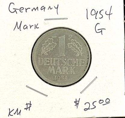 1954 G German 1 Mark Coin Old Holder w/ Writing KEY DATE