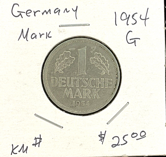 1954 G German 1 Mark Coin Old Holder w/ Writing KEY DATE