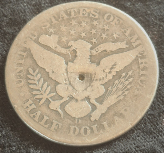 1908 Barber Half Dollar 90% Silver 50C Circulated Nice Condition Hole On Reverse