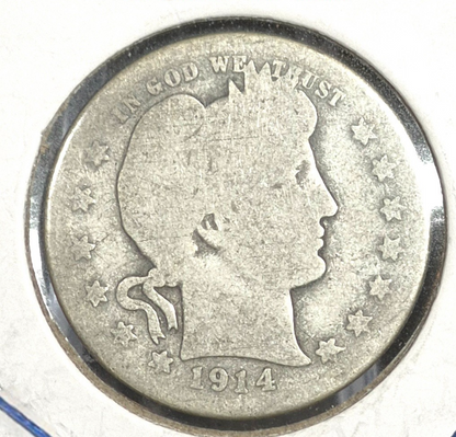 1914 D Barber Silver Quarter 90 % SILVER About Good Condition Partial Motto