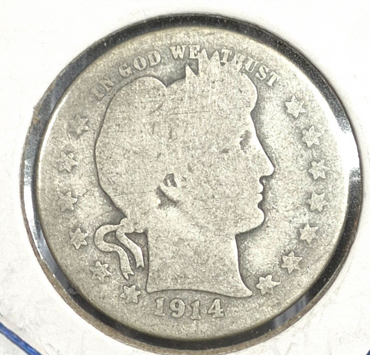 1914 D Barber Silver Quarter 90 % SILVER About Good Condition Partial Motto