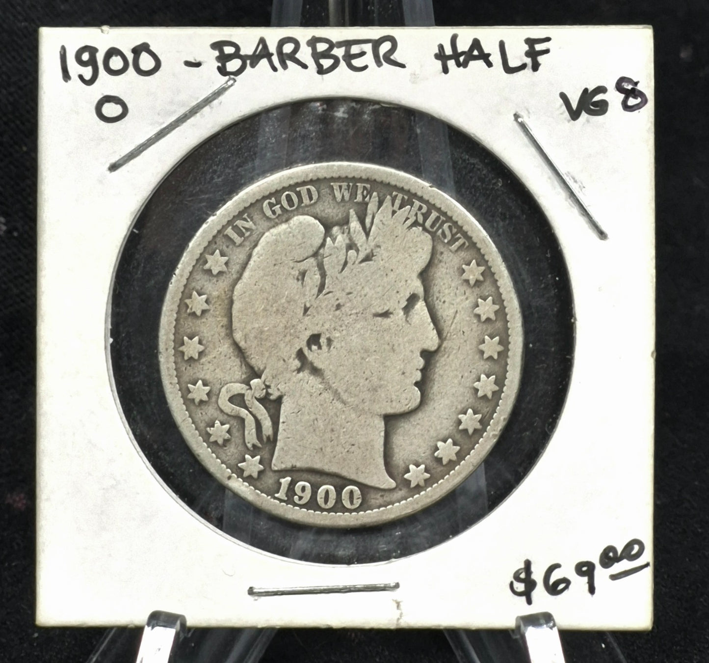 1900 O Barber Half Dollar 90% Silver 50C Very Good Condition Full Rim Part Motto