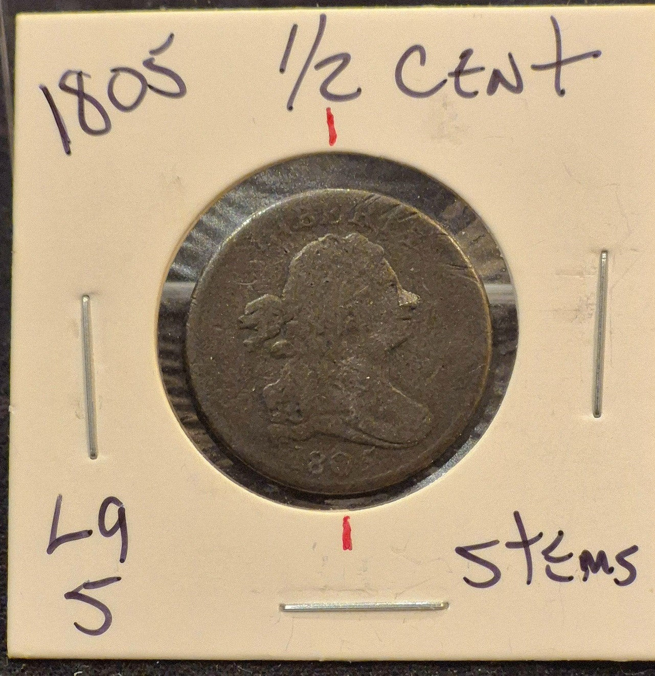 1805 Large 5 With Stems Draped Bust Half Cent VG-Fine Features Rotation Error