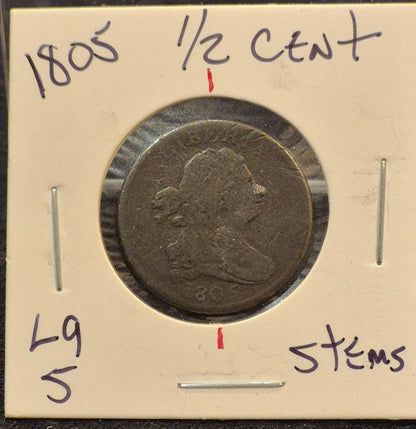 1805 Large 5 With Stems Draped Bust Half Cent VG-Fine Features Rotation Error
