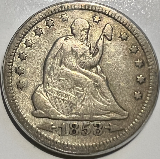 ⭐️ 1853 Arrows and Rays Seated Liberty Quarter Very Fine VF Coin 90% Silver