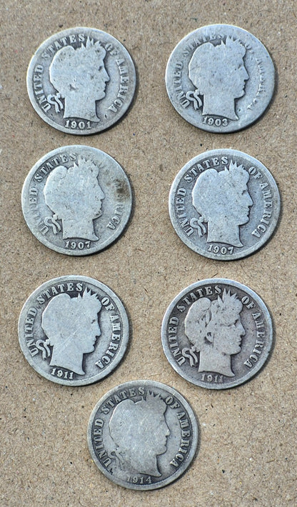 LOT OF 7 BARBER DIMES  1901, 1903, 1907, 1907D, 1911, 1911D, 1914, Good Features