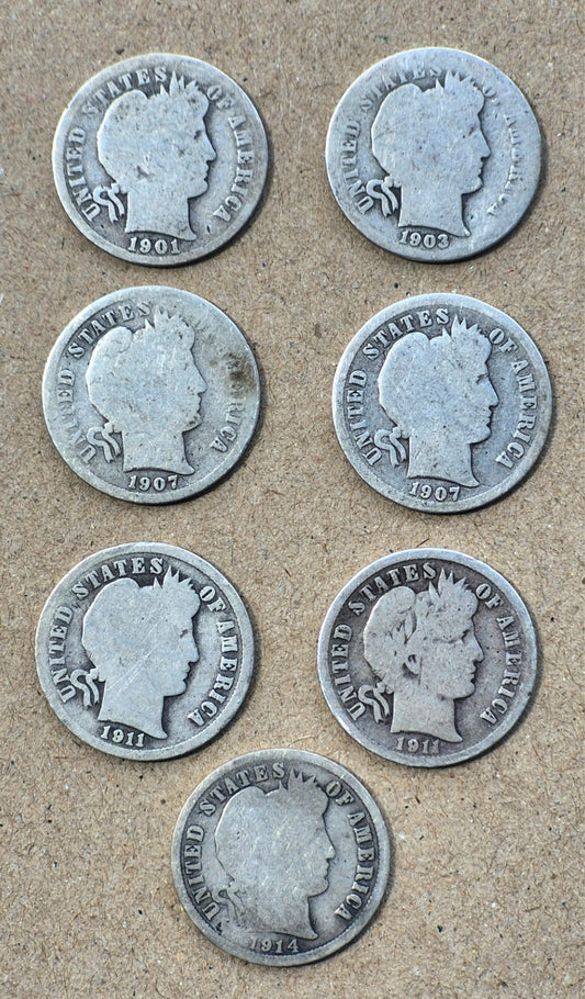 LOT OF 7 BARBER DIMES  1901, 1903, 1907, 1907D, 1911, 1911D, 1914, Good Features