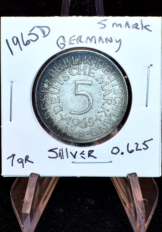 1965 D Silver Germany Republic 5 Mark Eagle Coin🔥7G .625 Silver🔥 AU Details