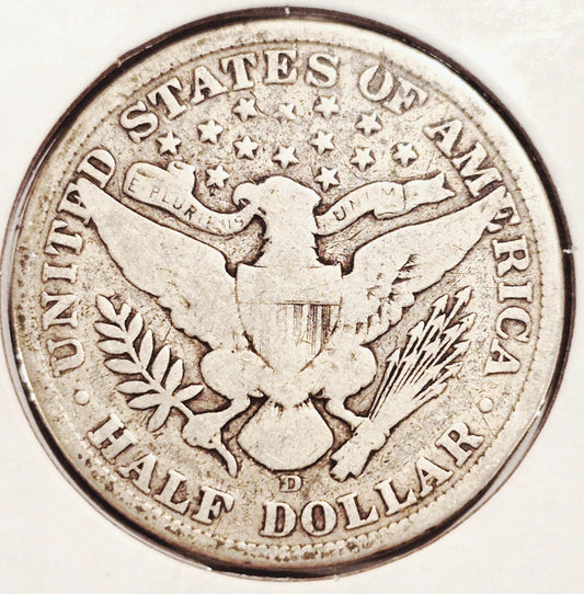 1908 D Barber Half Dollar 90% Silver 50C Circulated Condition
