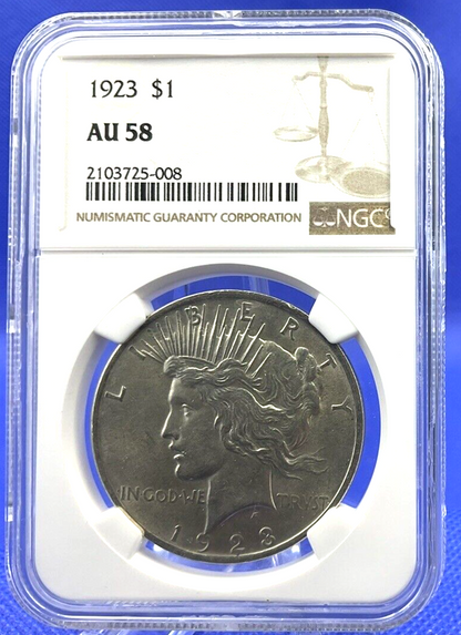 ✅ 1923 Peace Silver Dollar NGC AU 58 Brown Libra Scales Label ✅