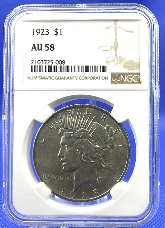 ✅ 1923 Peace Silver Dollar NGC AU 58 Brown Libra Scales Label ✅