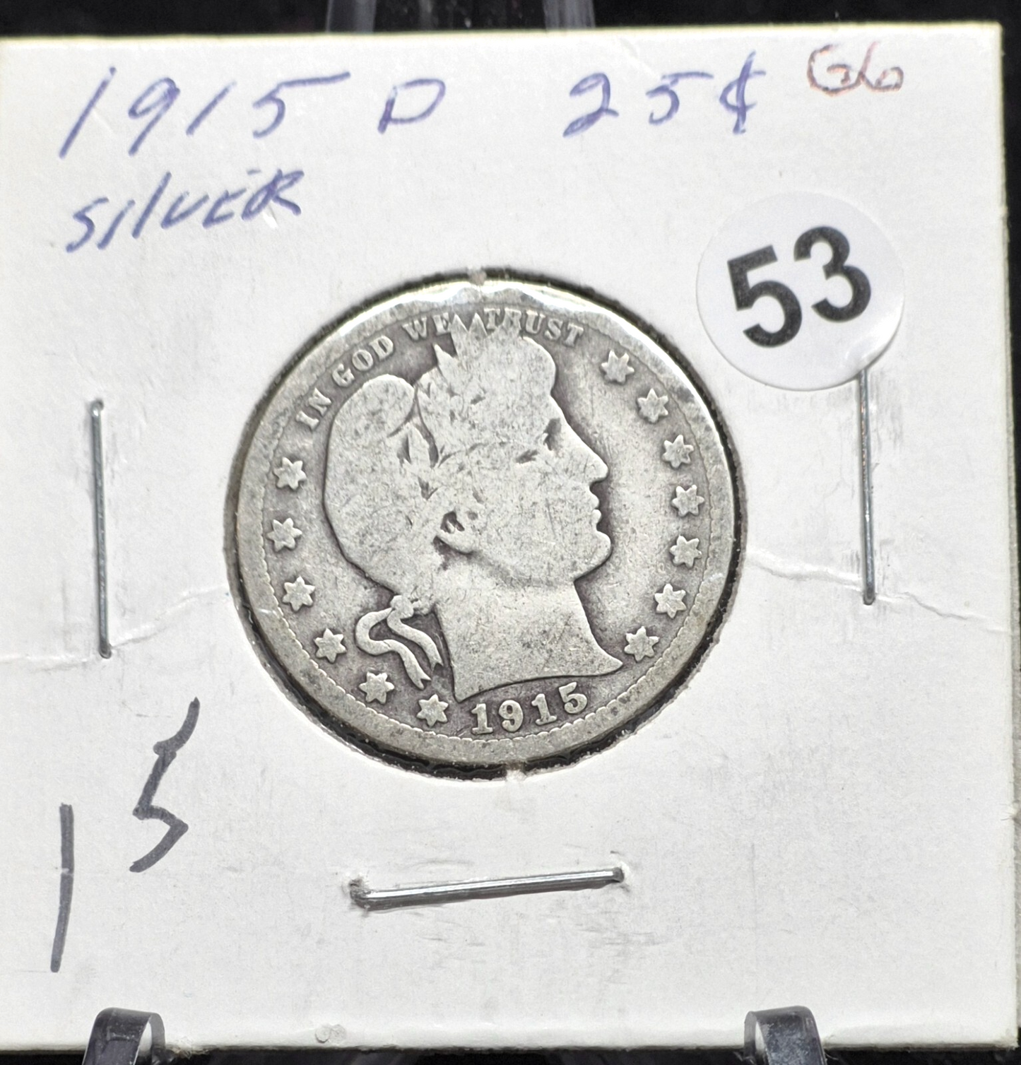 1915 D Barber Silver Quarter 90 % SILVER Vintage Coin Raw Circulated Condition