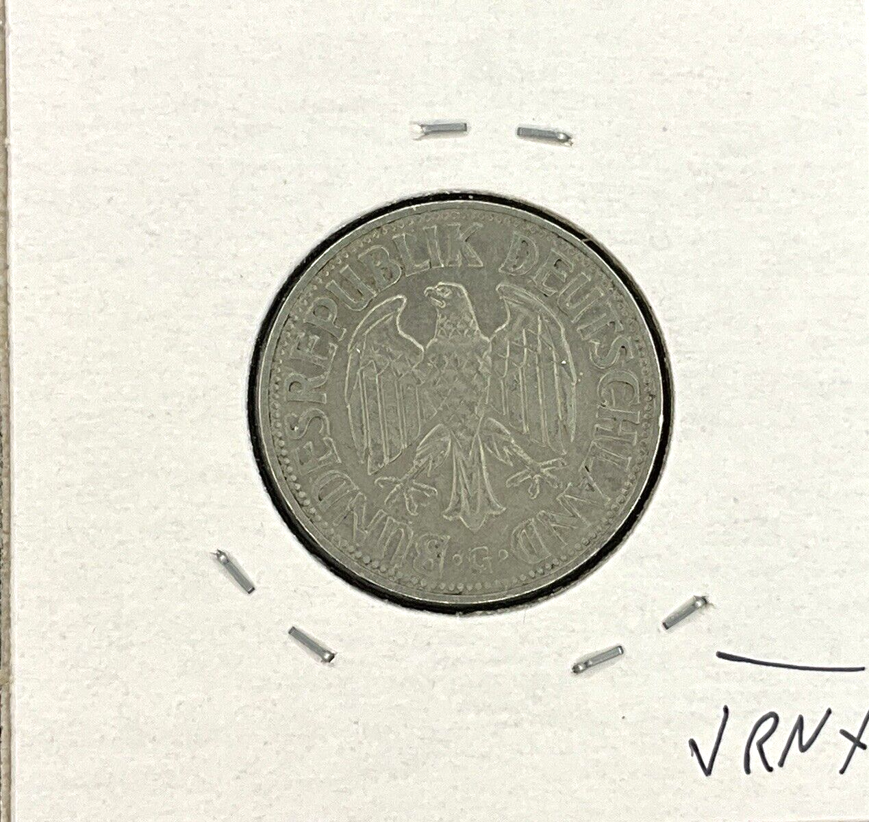 1954 G German 1 Mark Coin Old Holder w/ Writing KEY DATE