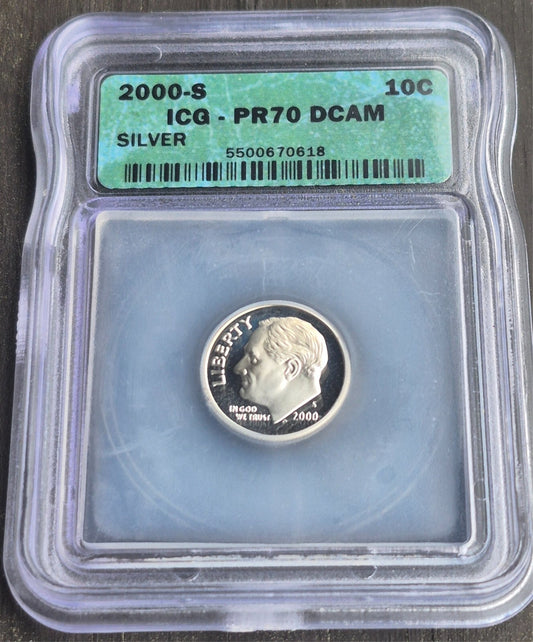 2000-S  Proof Roosevelt  Dime PR70 DCAM ICG Uncirculated 90% Silver Coin