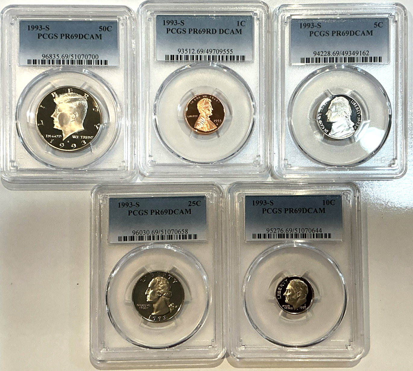 1993-S Proof Set Date 5 Coin Newly Graded PCGS PR69 DCAM Perfect Gift