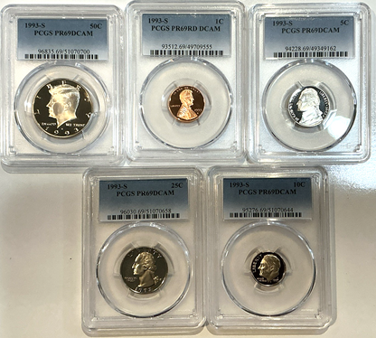 1993-S Proof Set Date 5 Coin Newly Graded PCGS PR69 DCAM Perfect Gift