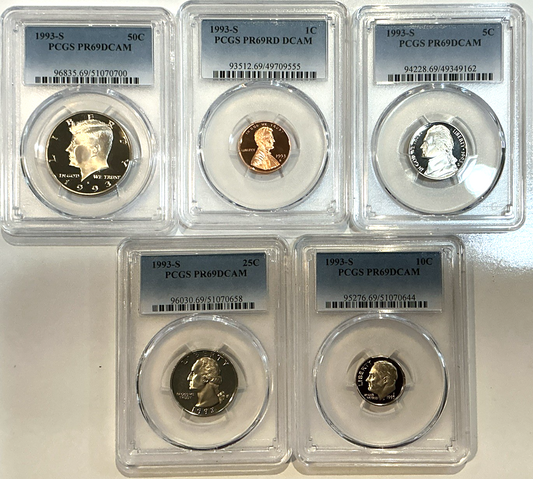 1993-S Proof Set Date 5 Coin Newly Graded PCGS PR69 DCAM Perfect Gift