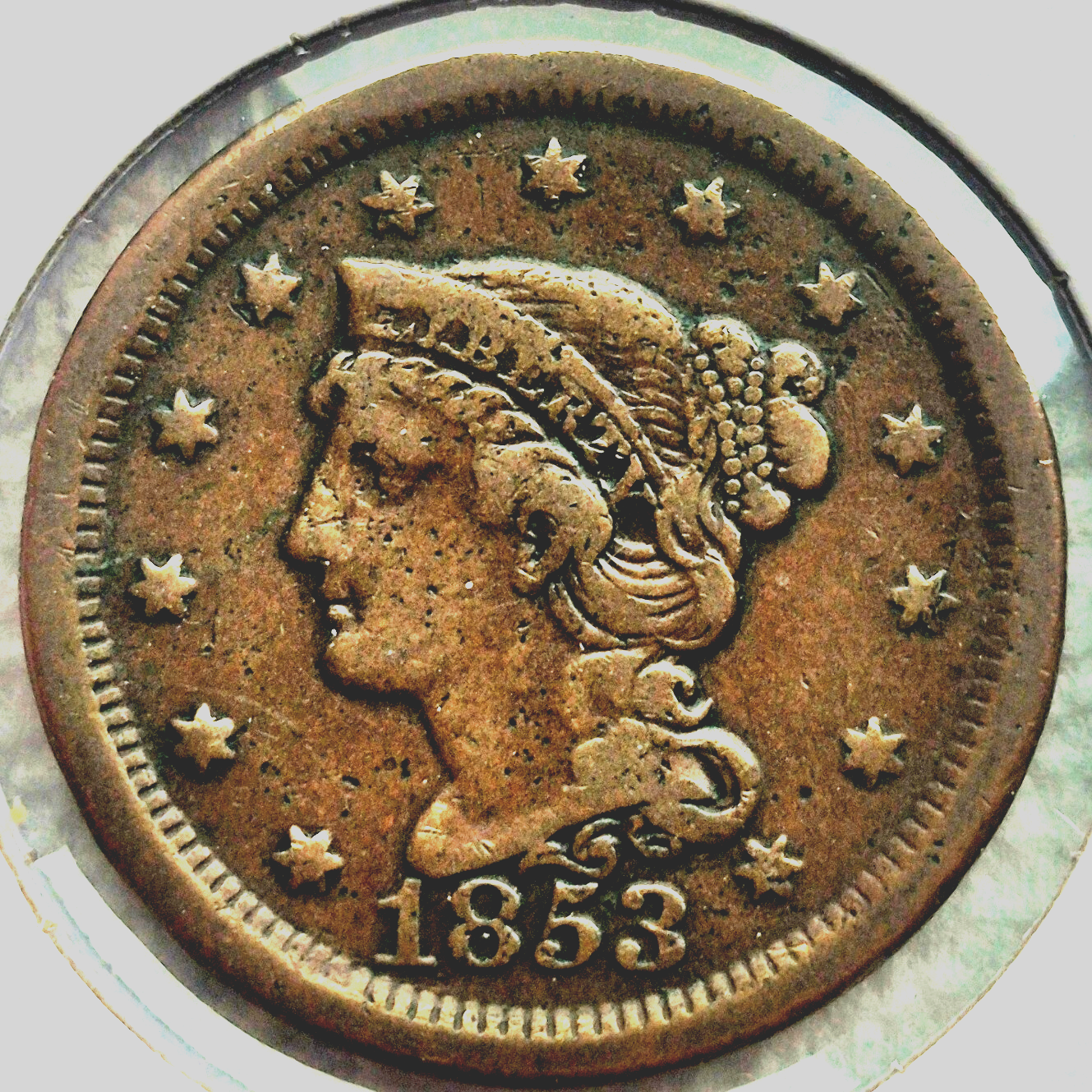 1853 Braided Hair Large Cent 🔥Very Nice AU Details🔥Full Liberty Rich Brown