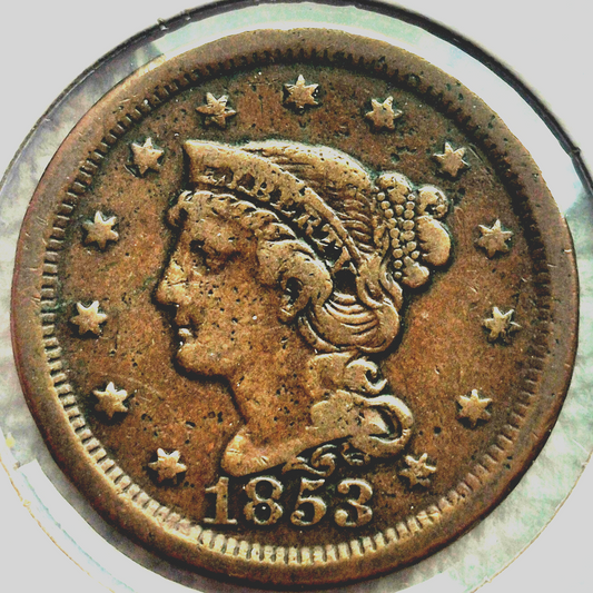 1853 Braided Hair Large Cent 🔥Very Nice AU Details🔥Full Liberty Rich Brown