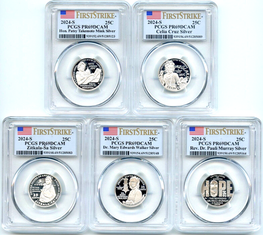 🔥2024 S 25C Silver Womens 5 Quarter Set PCGS PR69DCAM First Strike Flag Label