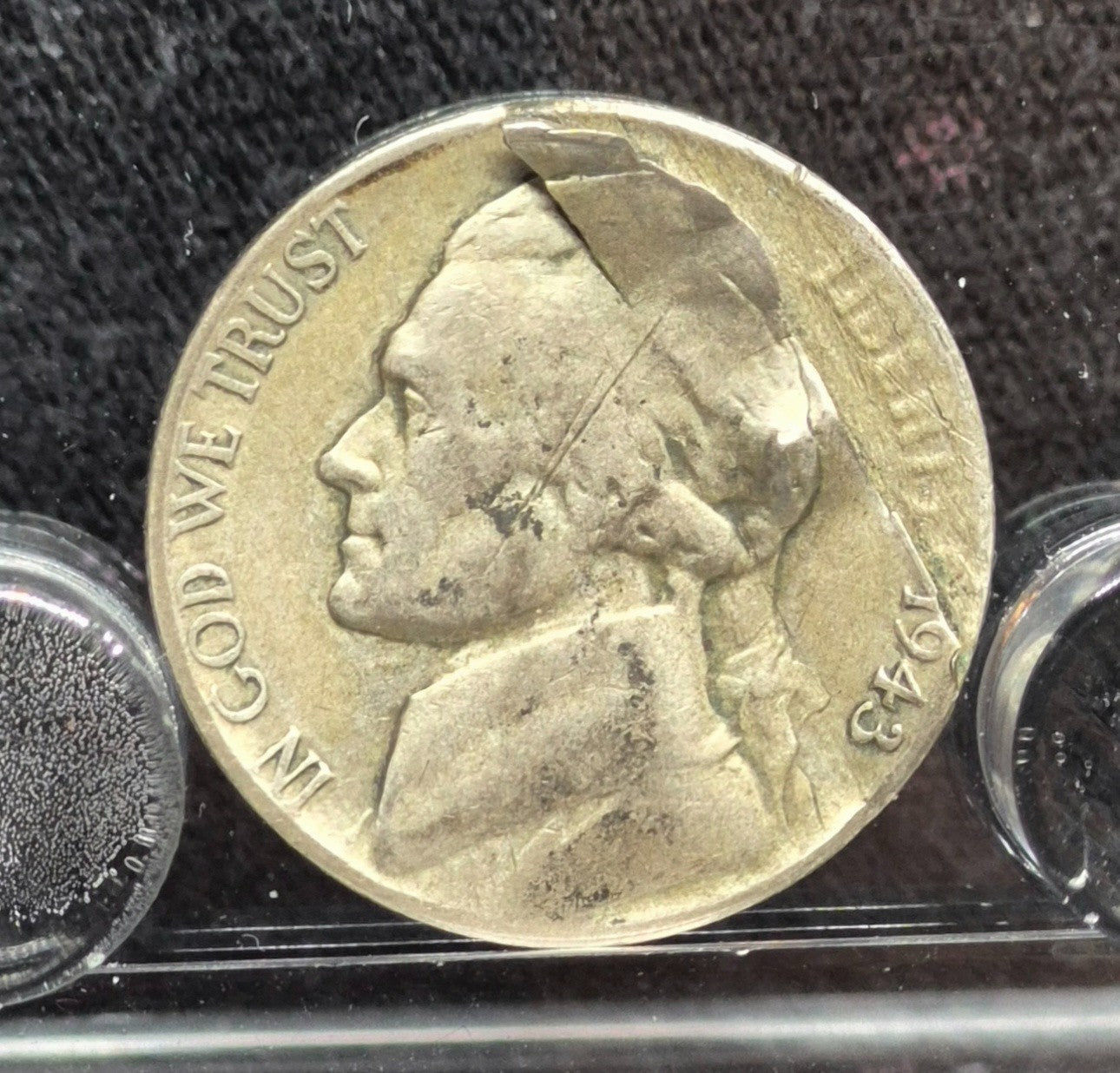 💰1943-P Jefferson War Nickel Error, Major Retained Delamination Obverse Fine 5C