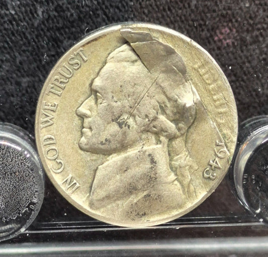 💰1943-P Jefferson War Nickel Error, Major Retained Delamination Obverse Fine 5C