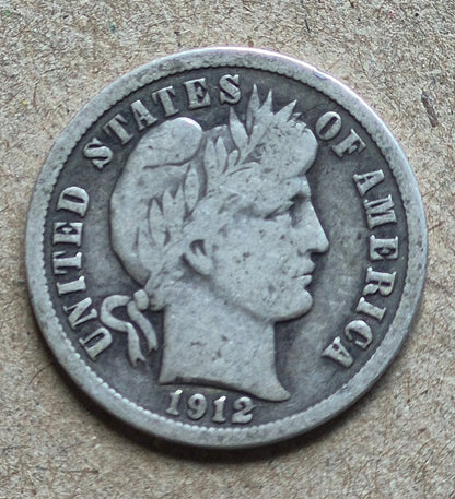 1912 S Barber Dime🥈90% Silver🥈Better Date F-VF Crisp Features Full Rims 10C