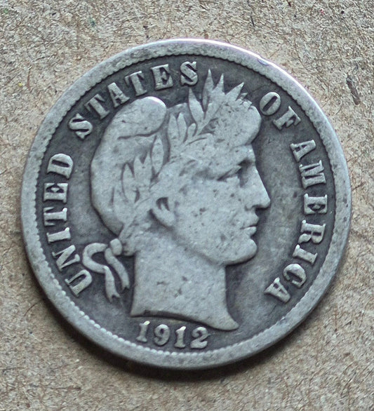 1912 S Barber Dime🥈90% Silver🥈Better Date F-VF Crisp Features Full Rims 10C