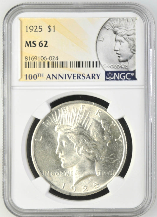 1925 MS62 Peace Silver Dollar 100th Anniversary 2021 Special Label NGC Graded