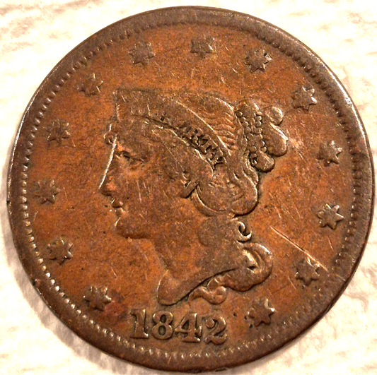 1842 Braided Hair Large Cent Petite Head Lg Date Variety Nice Details Full Rim