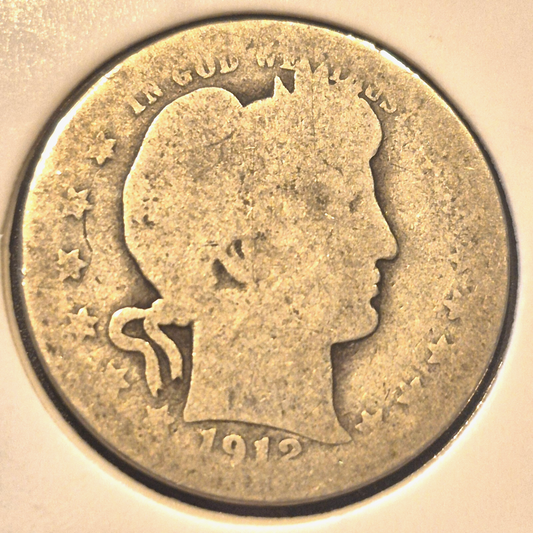 1912 Barber Silver Quarter 90 % SILVER Coin Raw Circulated Condition FR or Less