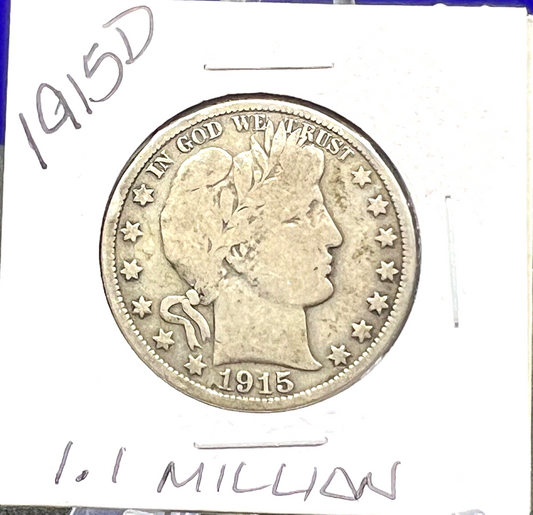1915 D  Barber Half Dollar 90% Silver 50c Coin Great Details