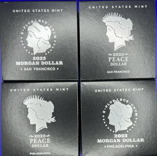 {4 Coin Set}  2023 Morgan & Peace Silver Dollars  Unc & Proof OGP BOX COA .9999