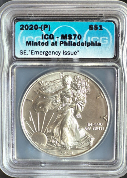 2020 (P) ICG MS70 Emergency Issue T-1 American Silver Eagle Dollar, USA $1 Coin