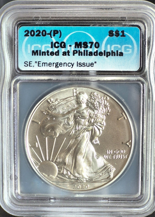 2020 (P) ICG MS70 Emergency Issue T-1 American Silver Eagle Dollar, USA $1 Coin