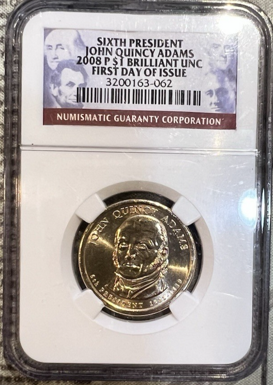⭒ 2008 P NGC FIRST DAY OF ISSUE JOHN QUINCY ADAMS BRILLIANT UNCIRCULATED