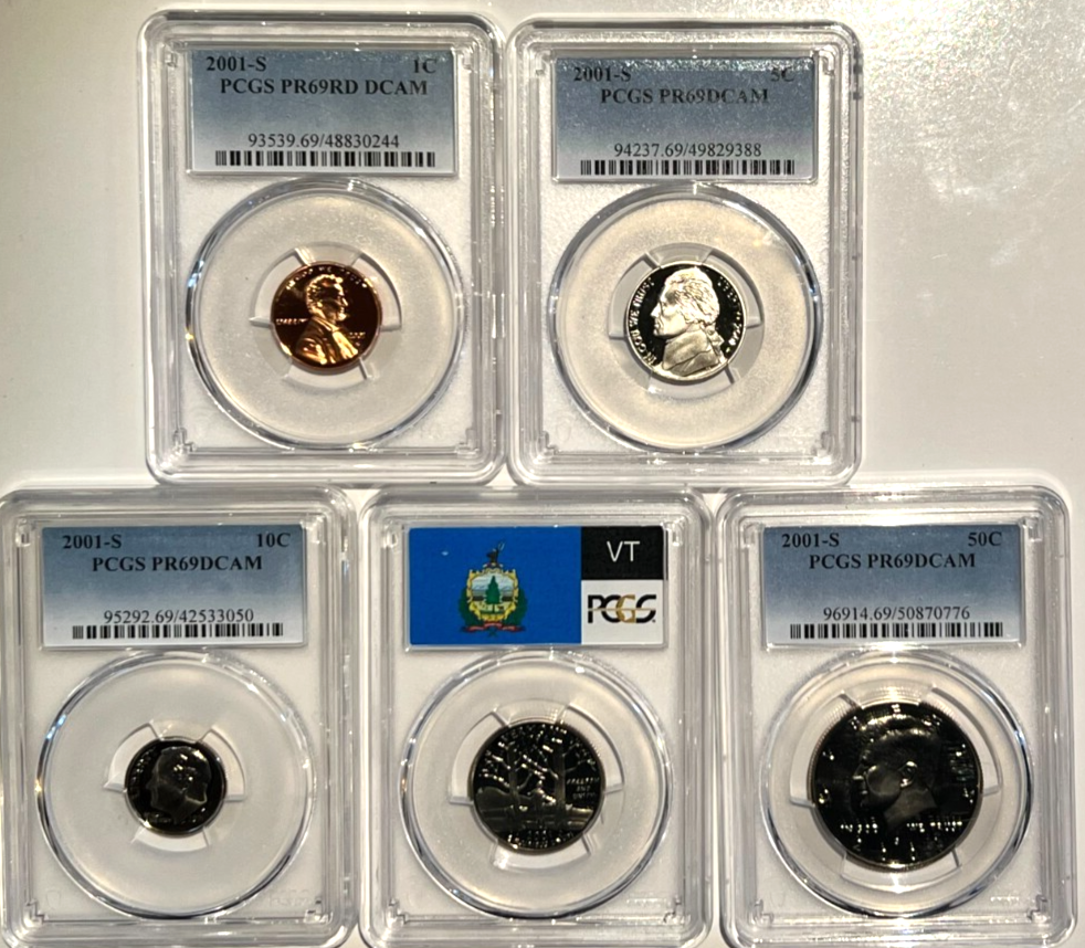 ⭒ 2001-S Proof Set Date 5 Coin Newly Graded PCGS PR69 DCAM Perfect Gift