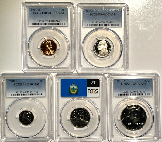 ⭒ 2001-S Proof Set Date 5 Coin Newly Graded PCGS PR69 DCAM Perfect Gift