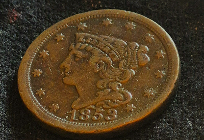 1853 BRAIDED HAIR HALF CENT, EF ATTRACTIVE COIN WITH NICE DETAILS & SURFACES
