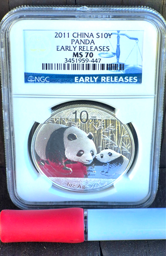 2011 China S 10Y Panda Early Releases NGC MS70 30, 1 Ounce Silver coin .999 fine