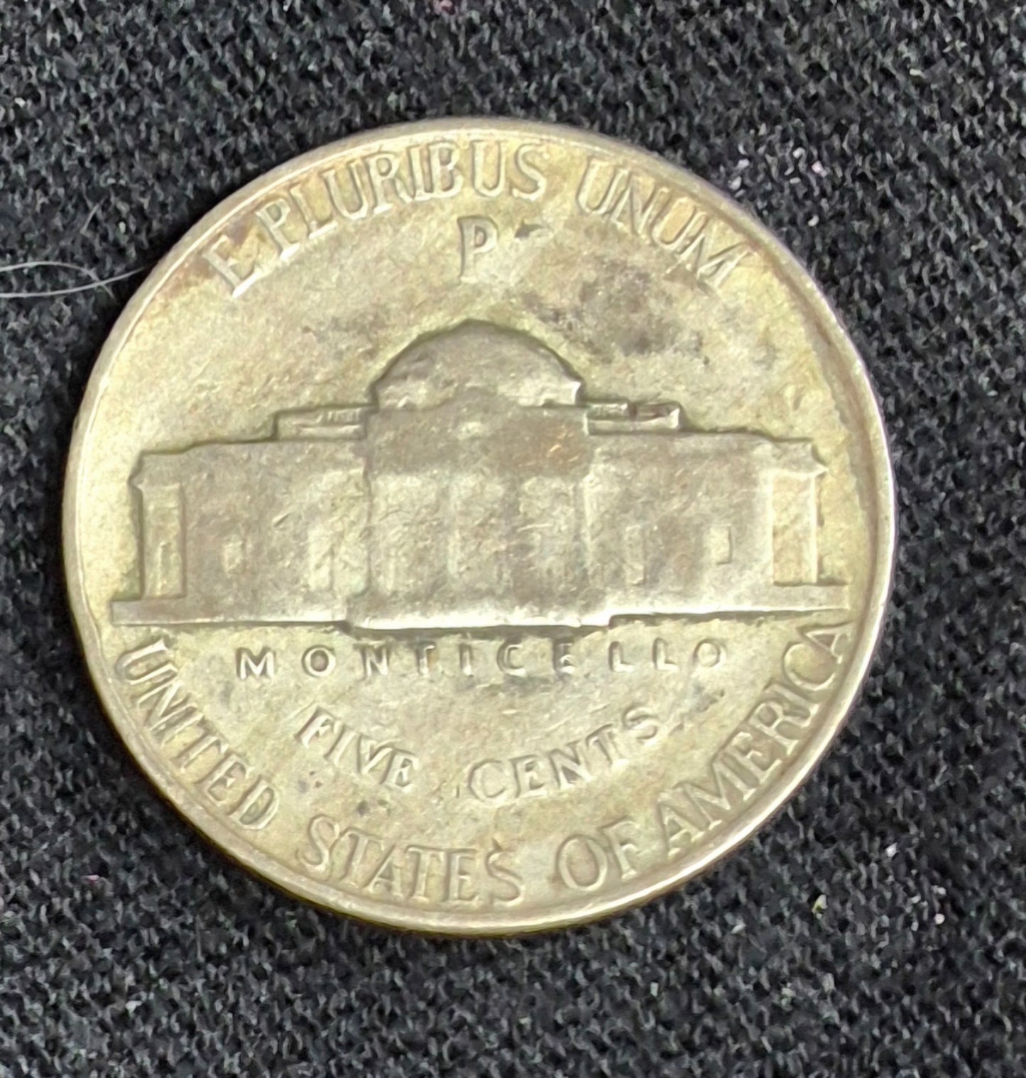 💰1943-P Jefferson War Nickel Error, Major Retained Delamination Obverse Fine 5C