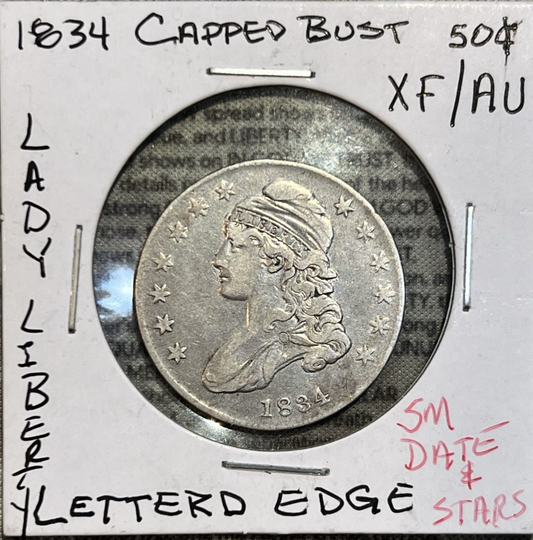 1834 Capped Bust Half Dollar Lettered Edge Small Date Small Letters Sharp  Coin