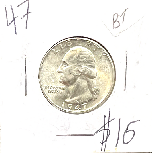 1947-P Washington Quarter 90% Silver 25c Super Shiny White  Coin