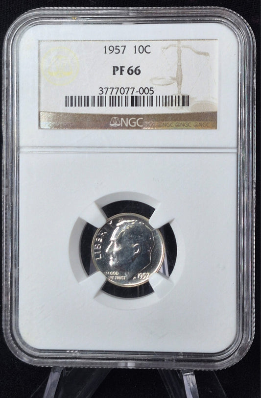 1957 Proof Roosevelt 90% Silver Dime 10C NGC PF66 Collectable Vintage Brown Case