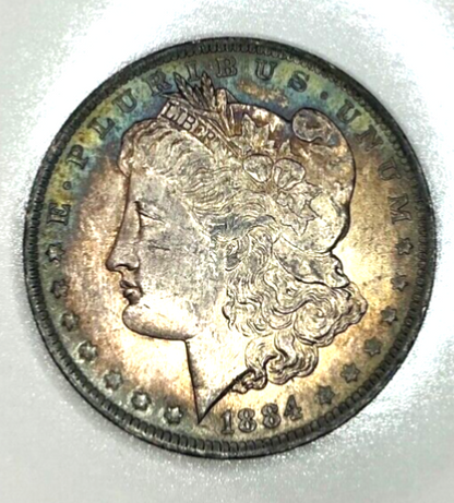 1884 O Morgan $1 Dollar 90% Silver BU MONSTER TONER Blue Salmon Colors Toned