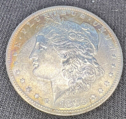 1883 O Morgan Dollar Silver MS $1 Gold & Blue Steel Tone Coin Obverse DIE CRACK