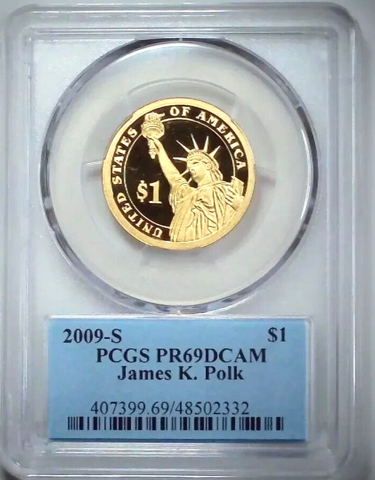 ✅ 2009-S $1 James K. Polk PCGS PR69 DCAM Presidential Dollar Coin Photo Label