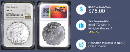 2024 American Silver Eagle NGC MS 70 Newly Graded .999 1oz Silver Coin