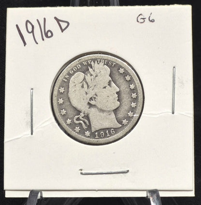 1916 D Barber Quarter 🥈90 % SILVER Good Condition Partial Motto Last Yr Minted