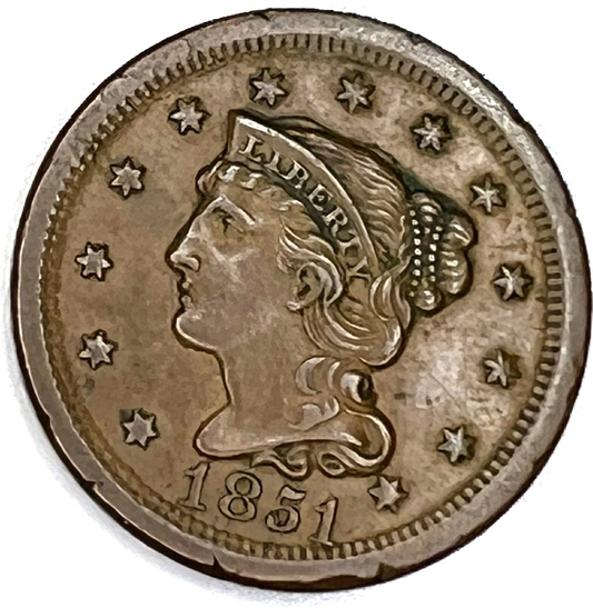 ✅ 1851 Coronet Braided Hair Large Cent AMAZING DETAIL Nice Color & Sharp Strike